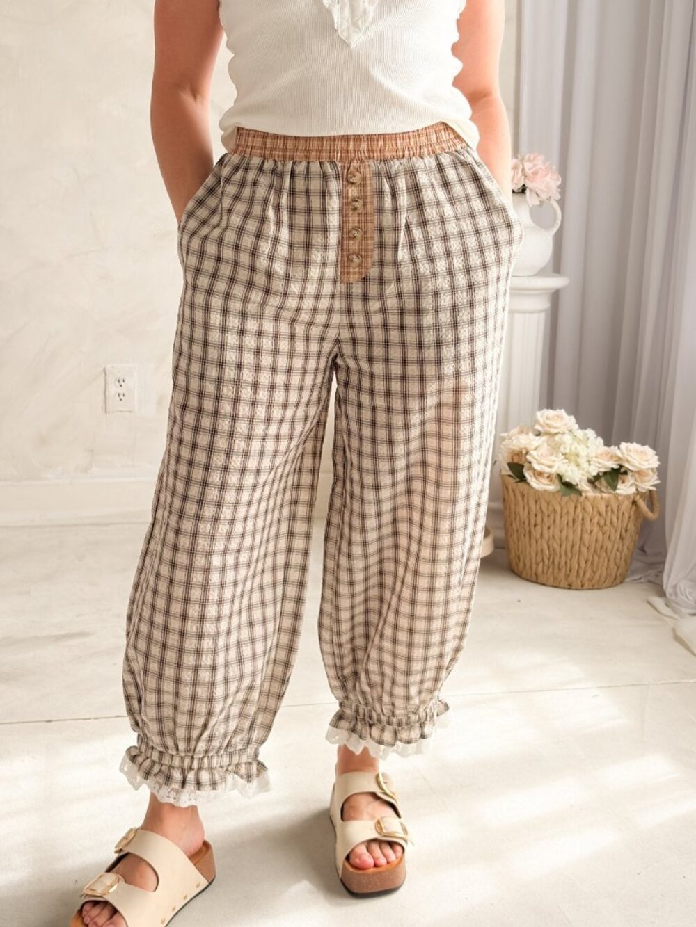 Women’s Plaid Balloon Pants – Elastic Waist Cotton Pants
